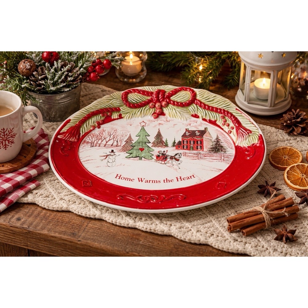 FITZ & FLOYD Oval Cookie Platter Home Warms Heart Christmas Cottage Farmhouse